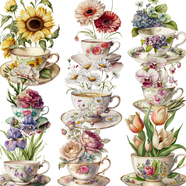 12PCS Tea cup with flowers sticker