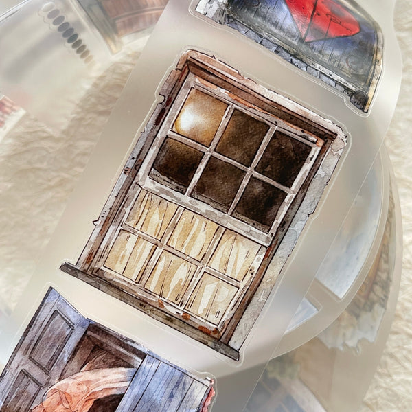 Whole Roll 6.5cm*5m Retro architecture Die Cutting Washi/PET/Fog PET Tape