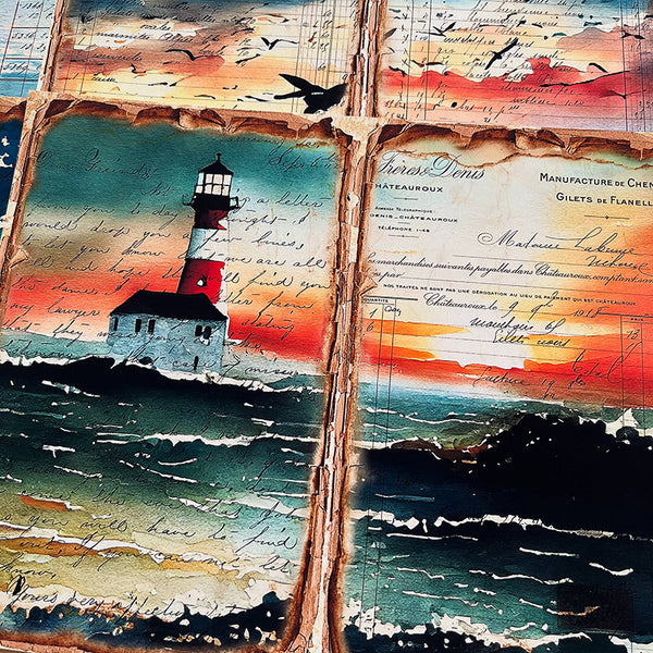 4PCS Vintage Dusk beach lighthouse background paper