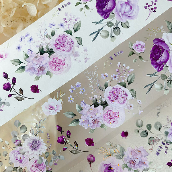 Whole Roll 5.5cm*6m Smoky purple flower Washi/Laser Gold PET Tape