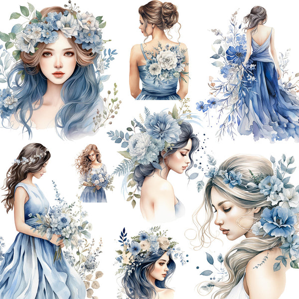 12PCS синий цветок девушка наклейка