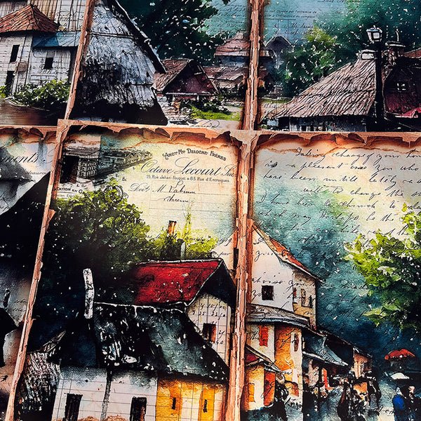 4PCS Rainy day town background paper